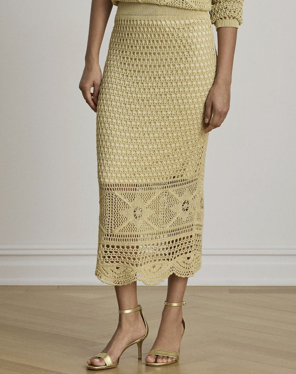 Lauren Ralph Lauren Women Scallop Hem Midi Pencil Skirt Canyon Sand Size L